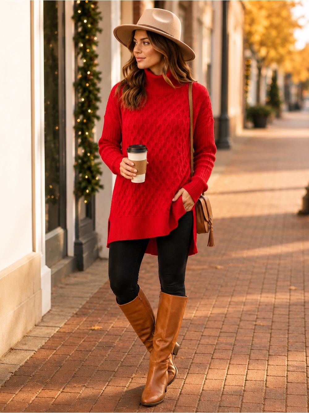 Crown & Ivy XS Red Cable Knit Mock Neck Tunic Sweater Oversized Chunky Knit